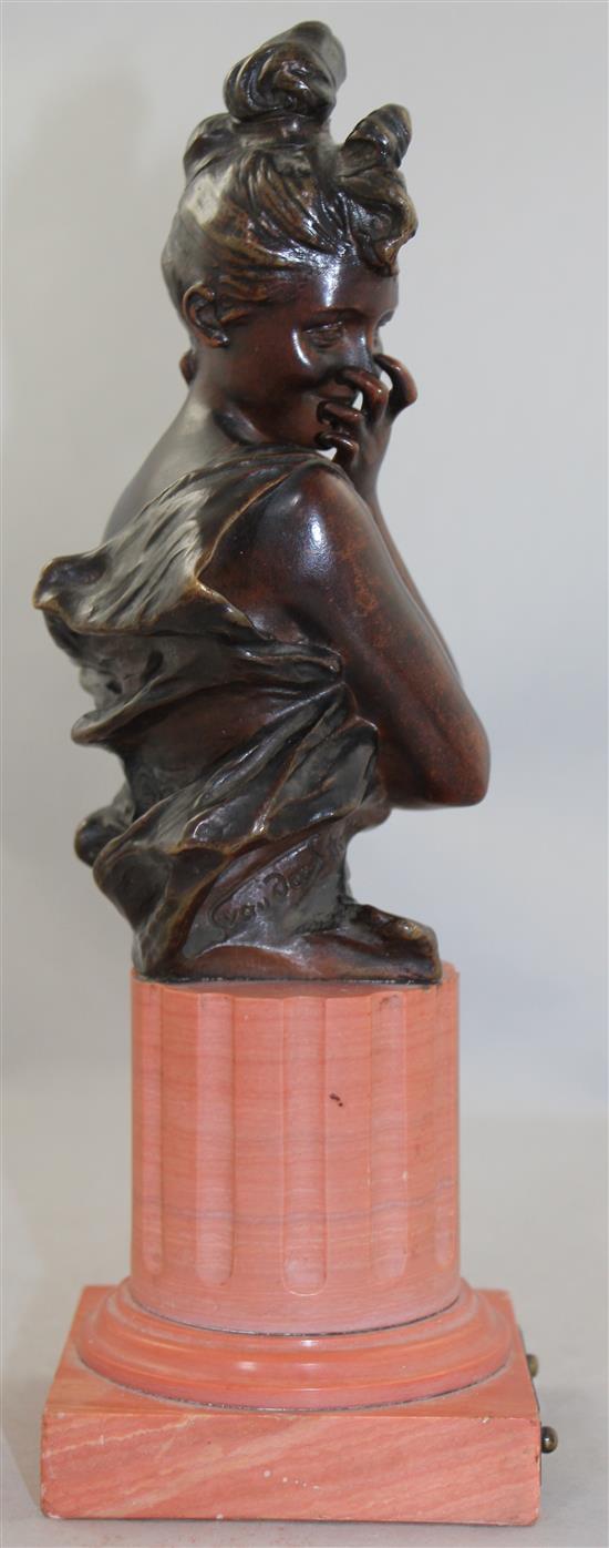 After Georges van der Straeten, Malicieuse. A patinated bronze bust of a young lady,